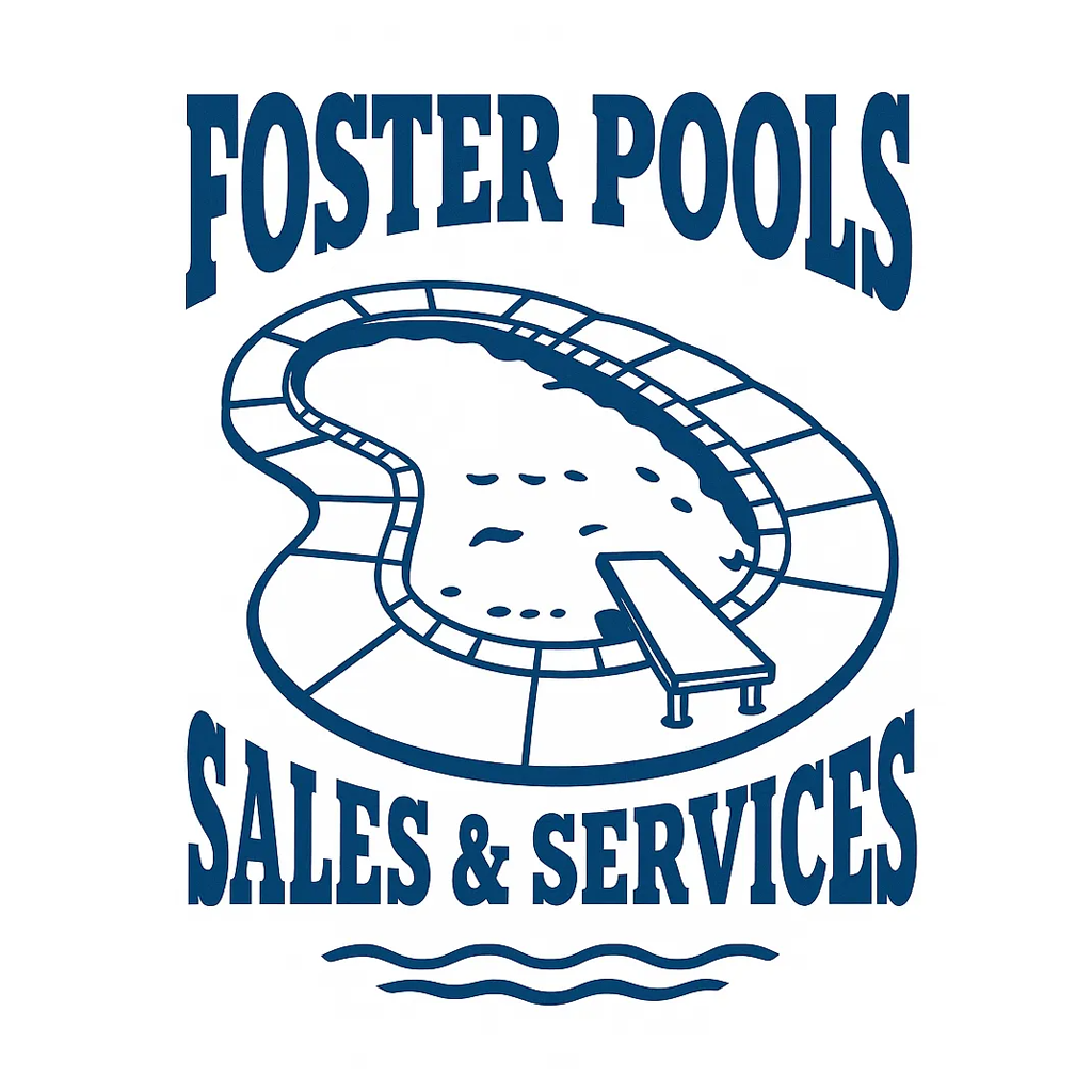 Foster Pools logo: Blue pool with diving board, text "FOSTER POOLS SALES & SERVICES."