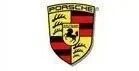 Porsche logo: black horse in yellow shield, Stuttgart crest, red and black bars, gold wheat,
