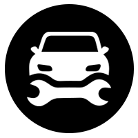 Car icon inside a black circle, with a wrench beneath it, symbolizing auto repair.