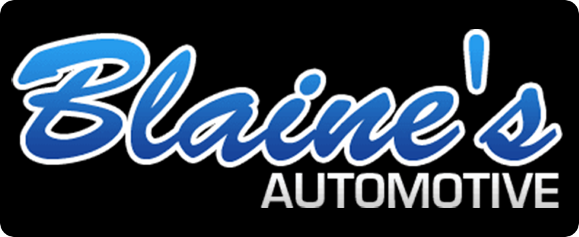 Blaine's Automotive logo with blue and white cursive text on a black background.