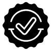 A black circular badge with a scalloped edge containing a white checkmark inside a partial circular outline.
