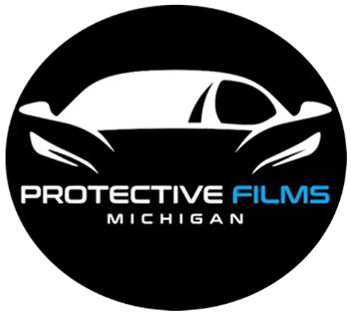 Logo for Protective Films Michigan featuring a white car outline on a black circular background.
