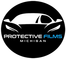 Logo for Protective Films Michigan featuring a white car outline on a black circular background.