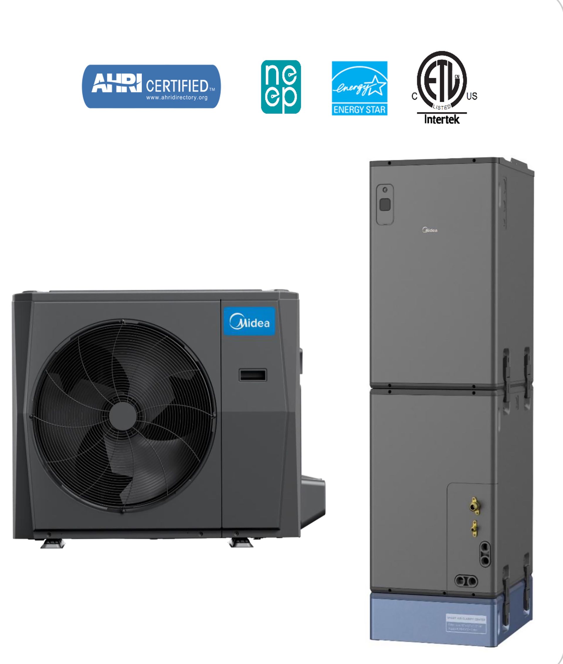 A dark grey Midea heat pump outdoor unit and a matching vertical indoor air handler with various certification logos.