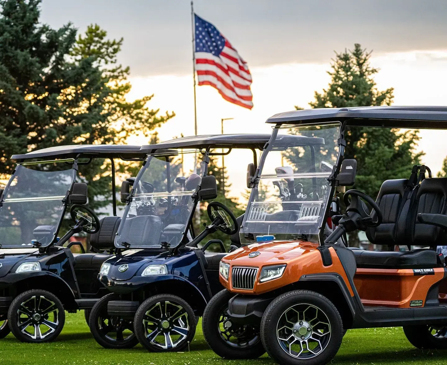 Golf carts in various colors, parked on grass, with an American flag in the background.