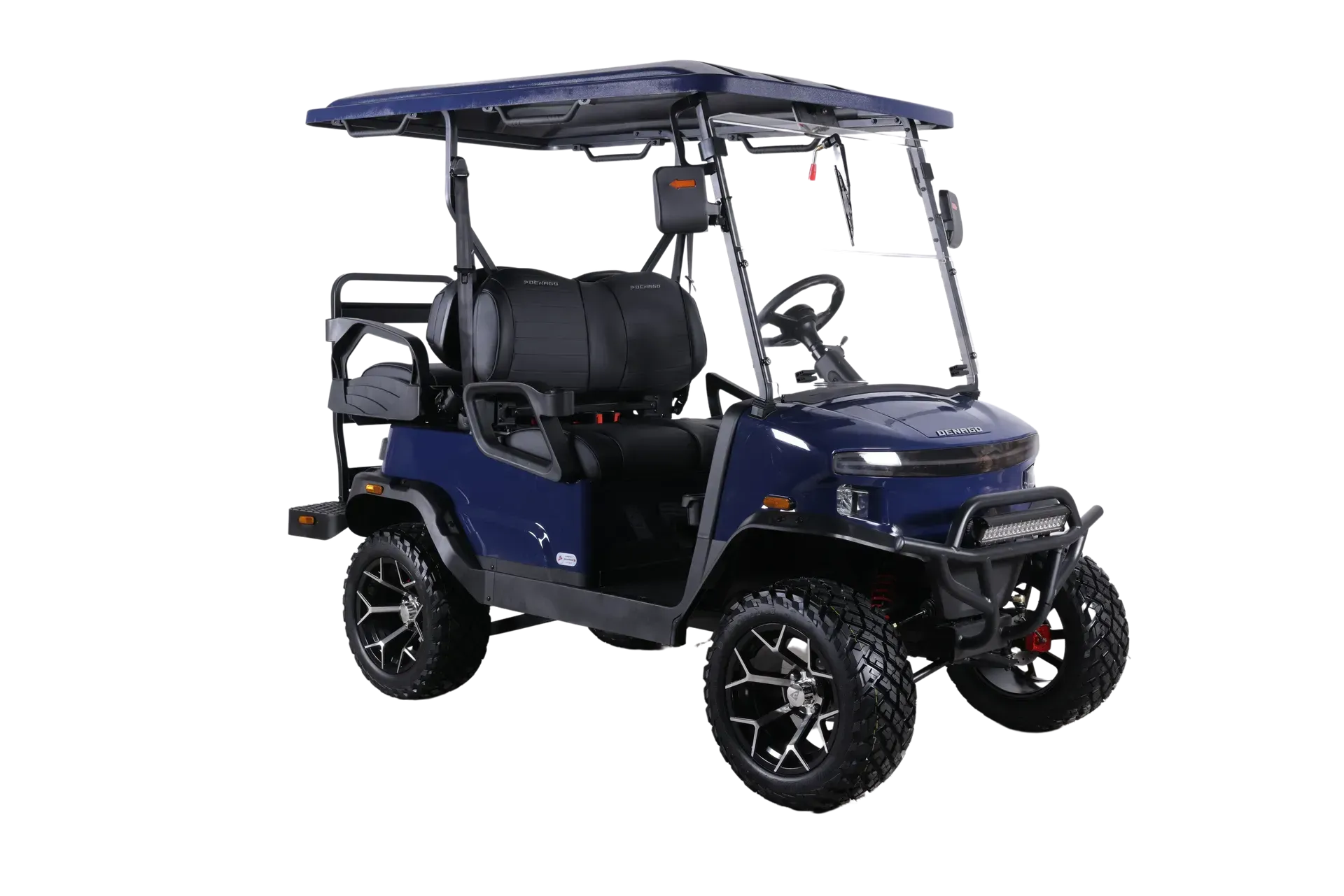 Dark blue golf cart with black wheels, canopy, and front bumper, parked outdoors.