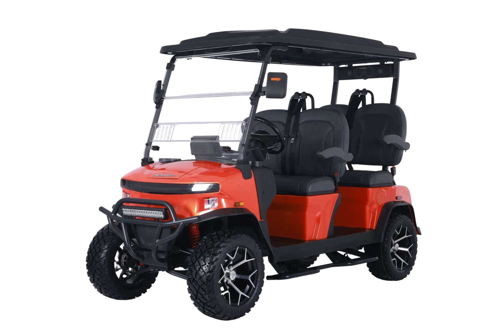 Red golf cart with black roof, seats, and wheels. Outdoors, on a clear day.