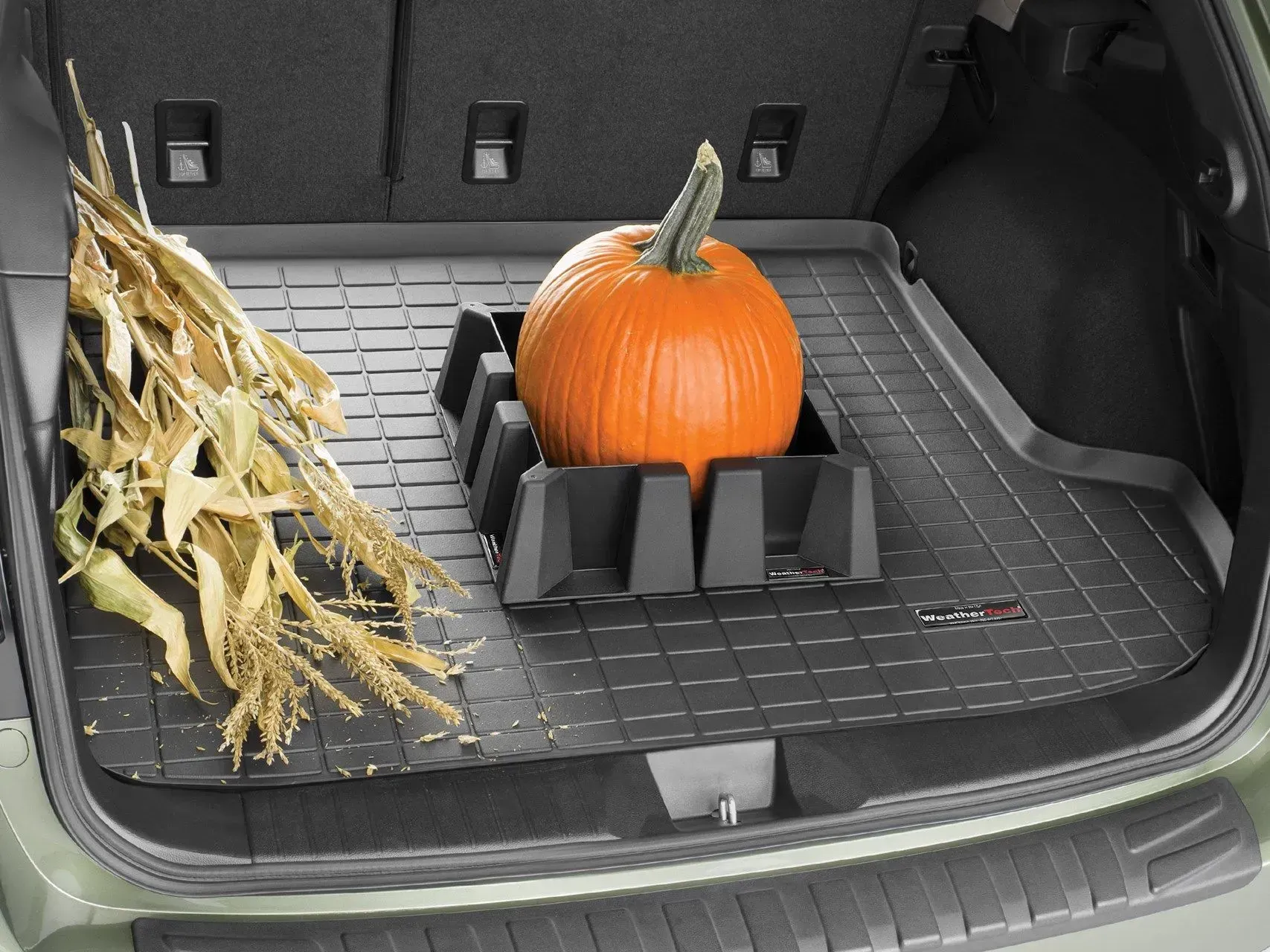 Car trunk with pumpkin in a black holder, on a rubber mat, with stalks of dried corn.
