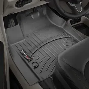 Black rubber car floor mat in a vehicle interior.