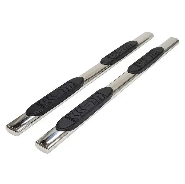 Chrome running boards with black step pads.