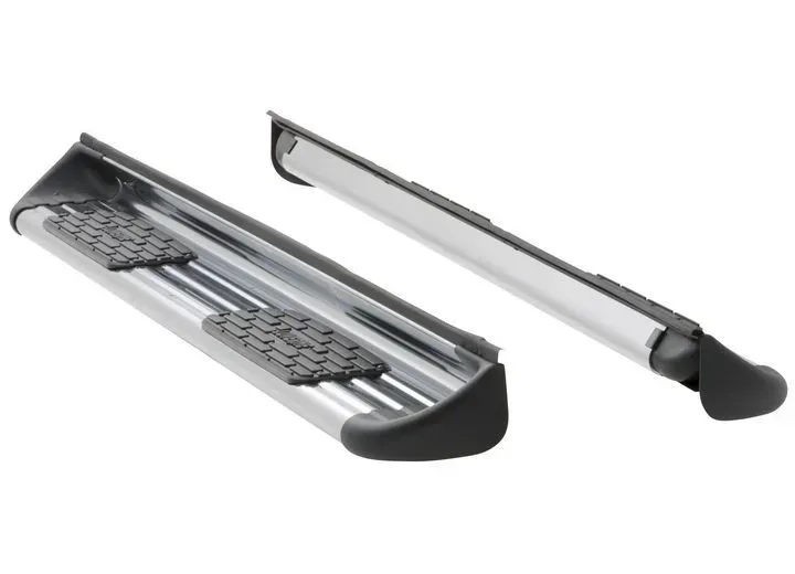 Two silver truck running boards with black step pads and end caps.