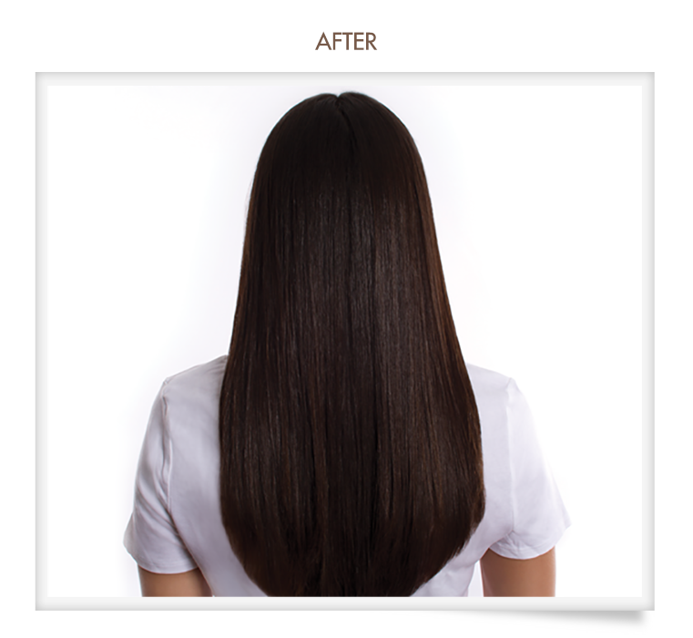 The back of a woman 's head with long dark hair.