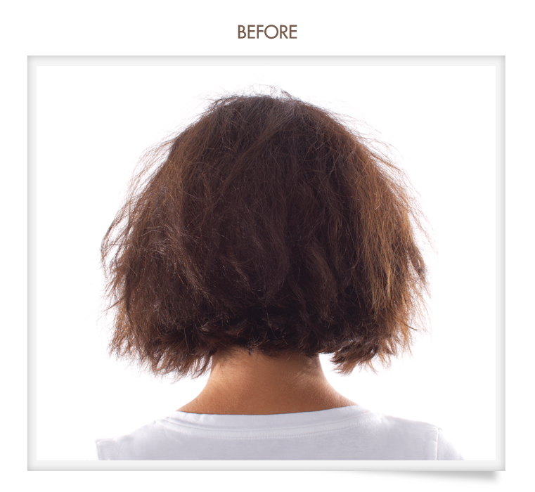 A before and after photo of a woman 's hair.
