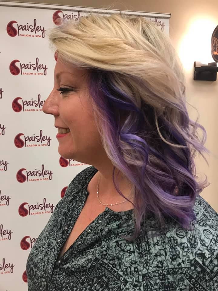 Two-color blond and purple hairstyle