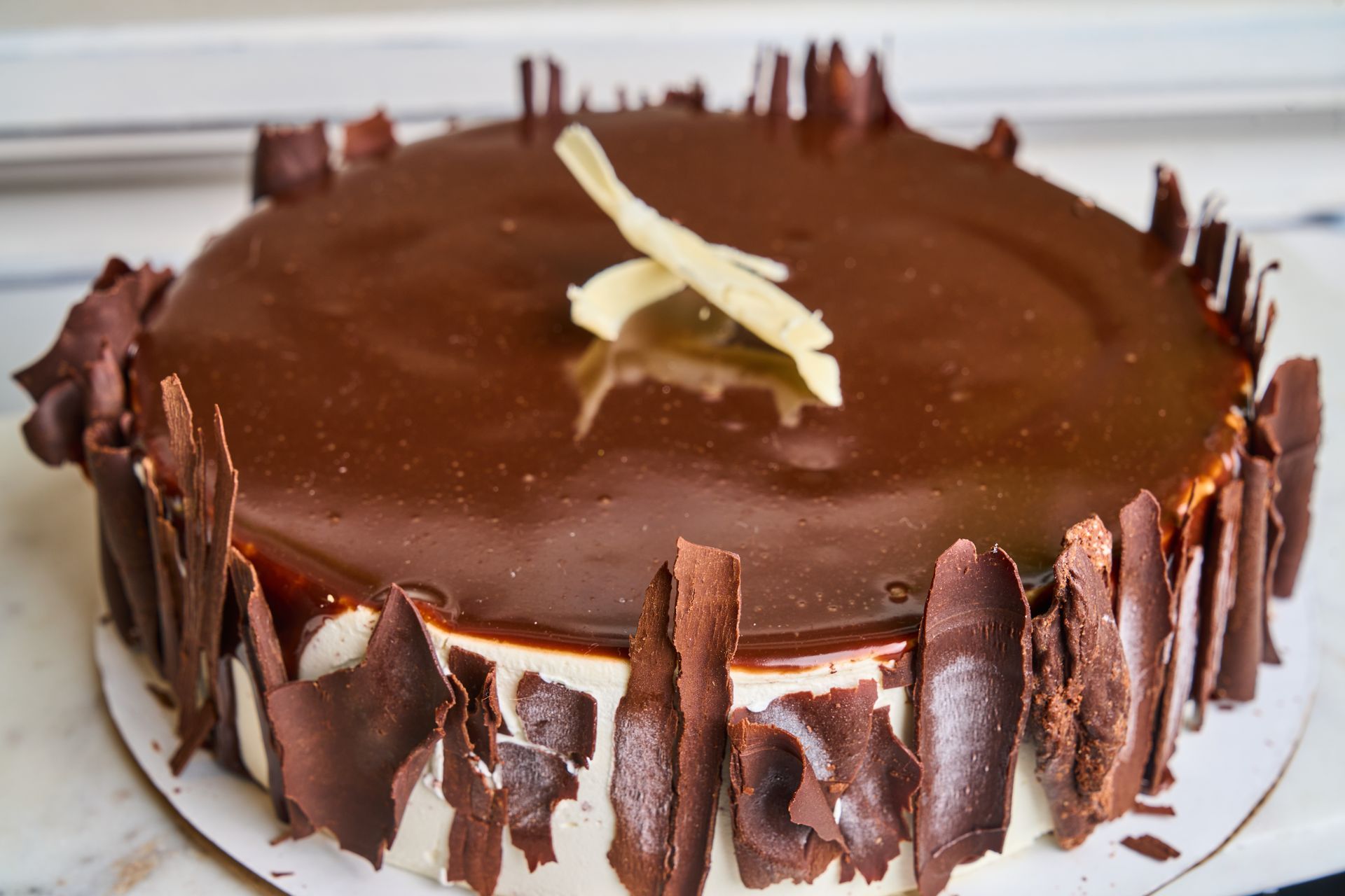 Chocolate cake with dark frosting, chocolate shavings, and white chocolate garnish.