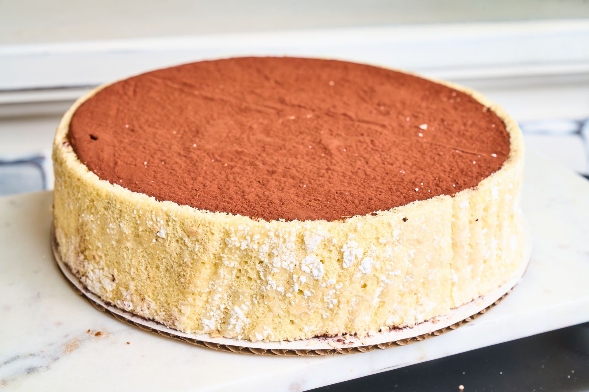 Round tiramisu cake with cocoa powder dusted top and ladyfinger sides.