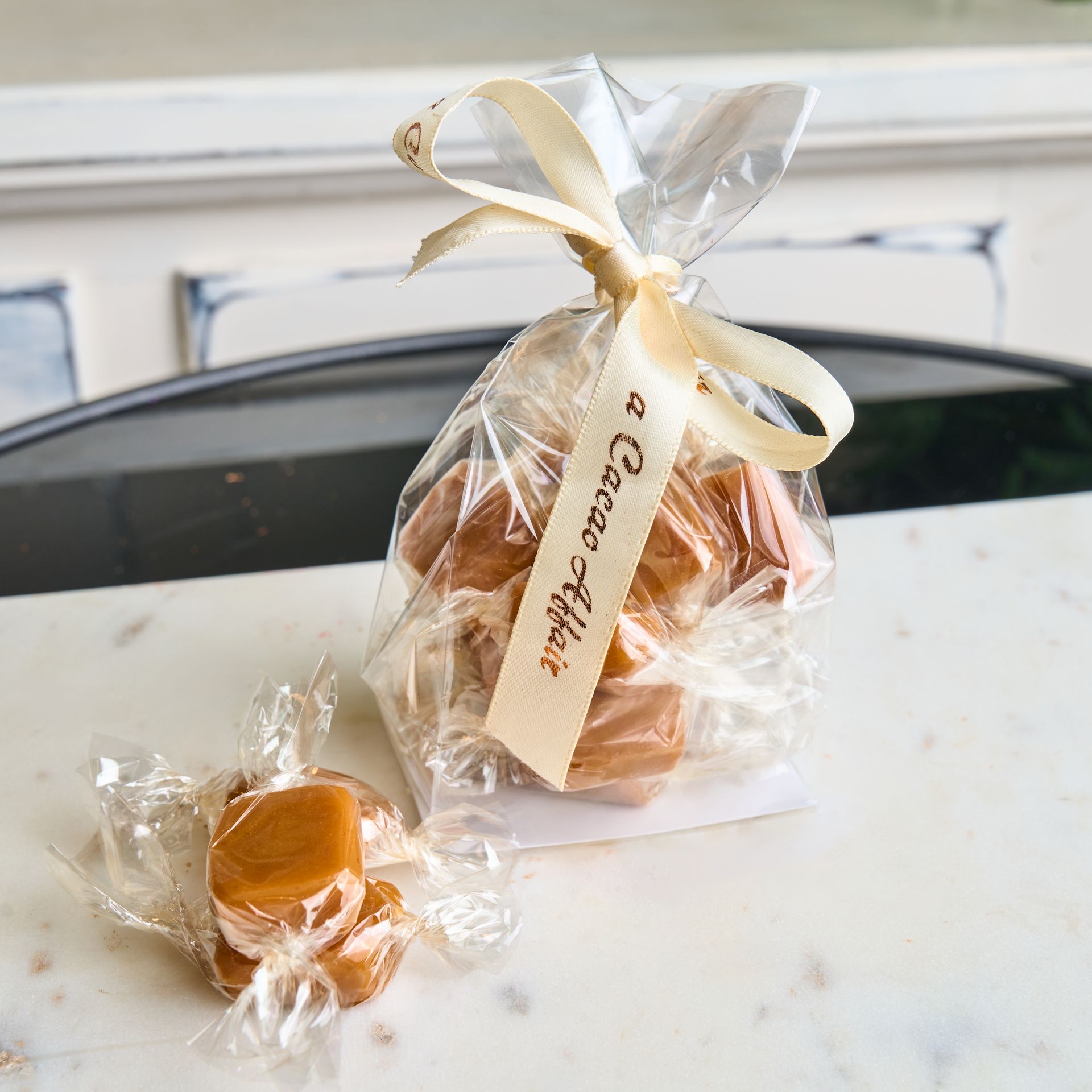 Bag of caramels tied with ribbon, 