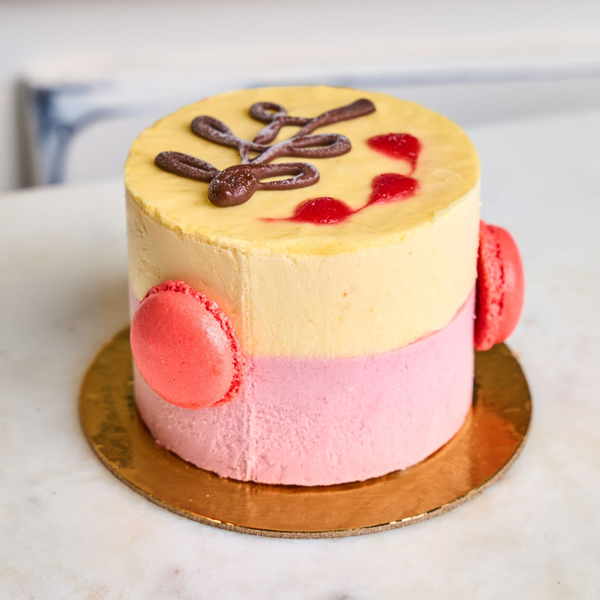 Two-layered cake with pink and yellow frosting, decorated with macarons and chocolate drizzle.