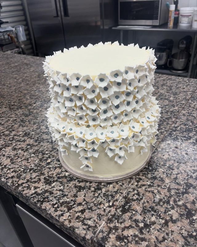 White geometric cake with star-shaped frosting details on a clear stand on a kitchen counter