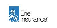 Erie Insurance logo with blue building icon and black text on white background