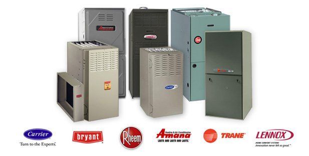 Assorted Carrier, Bryant, Rheem, Armstrong, Trane, and Lennox HVAC units on a white background