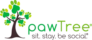 A logo for pawtree sit stay be social with a tree and paw prints