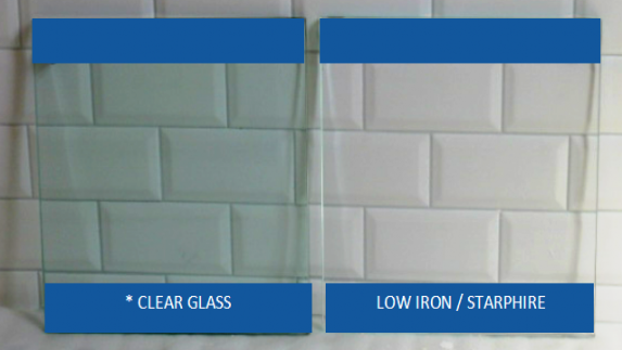 Side-by-side glass samples: clear glass on the left and low iron/starphire on the right, both with blue labels.
