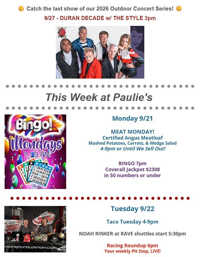 Paulie’s weekly schedule featuring Monday Bingo, Tuesday Taco Tuesday and live events, and Wednesday Wings & White Claws, baseball, and trivia.