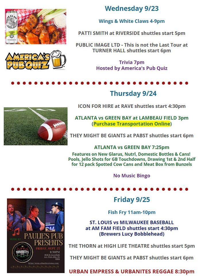 Paulie’s Pub & Eatery event schedule for August 20-22, featuring Music Bingo, Fish Fry, live bands, sports events, and other activities.