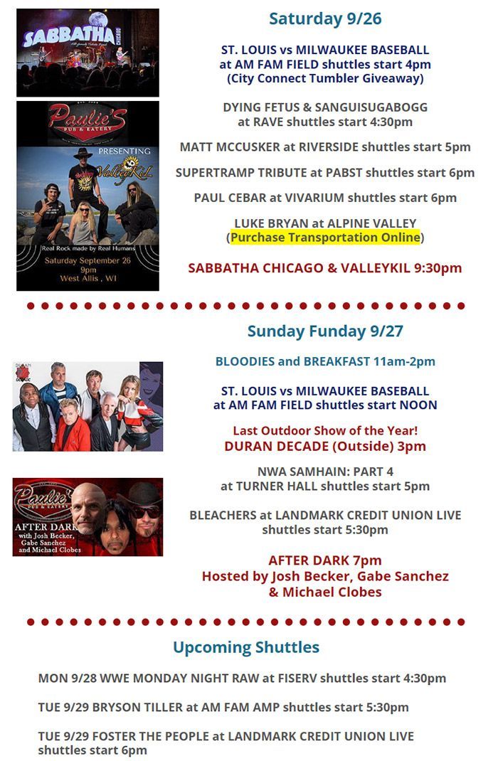 Event flyer for Sunday Funday 8/23 with basketball, radio, and shuttle schedule details