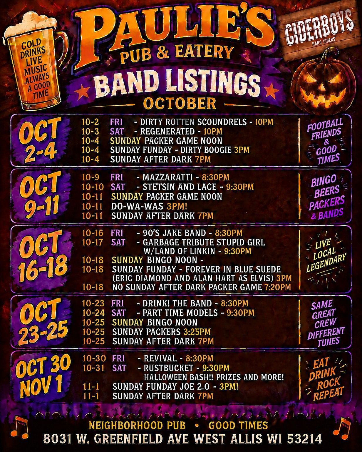Paulie's Pub & Eatery band listings poster, October dates in orange, purple, and black Halloween-themed design