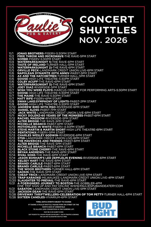Paulie's Concert Shuttles Nov. 2025 schedule poster with Bud Light logo on black background
