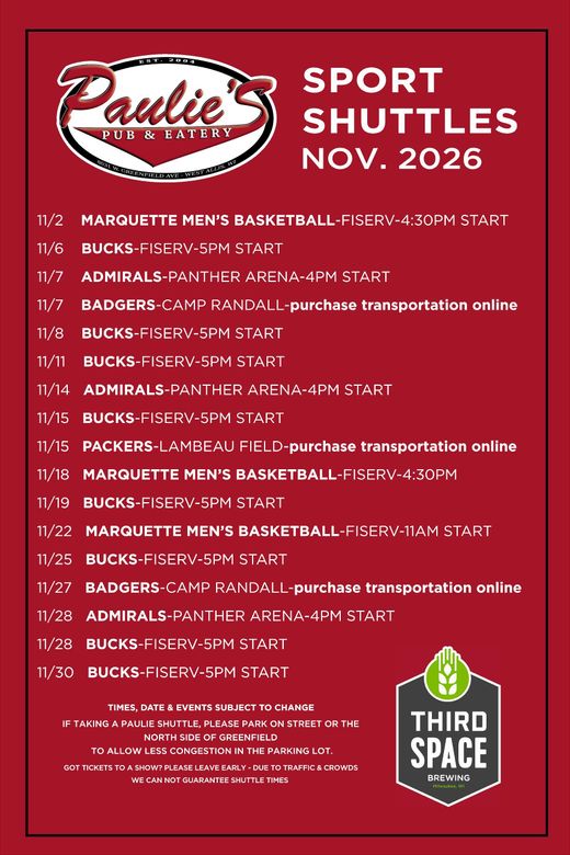 Red Paulie’s Sport Shuttles schedule poster with white event listings and Third Space logo, Nov. 2026