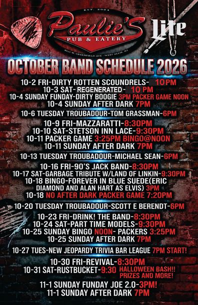 August band schedule poster with red, black, and white text listing live music dates and times.
