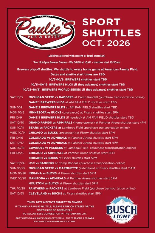 Paulie’s Concert Shuttles July 2026 schedule poster with red, black, and white text and brewery logo