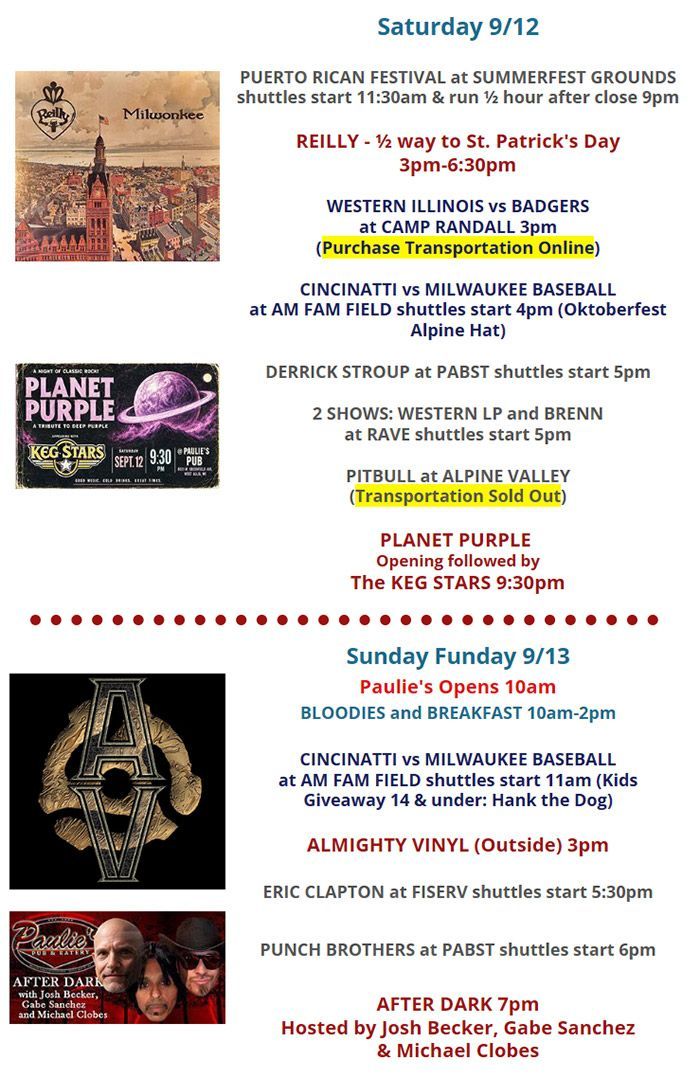 Paulie’s Pub & Eatery event schedule for August 20-22, featuring Music Bingo, Fish Fry, live bands, sports events, and other activities.