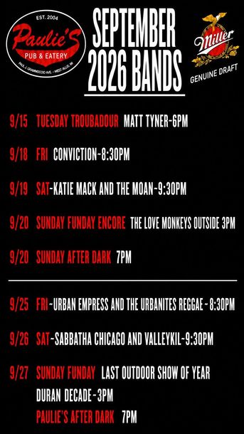August band schedule poster with red, black, and white text listing live music dates and times.