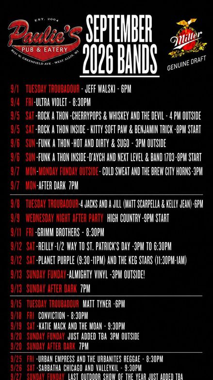 August band schedule poster with red, black, and white text listing live music dates and times.