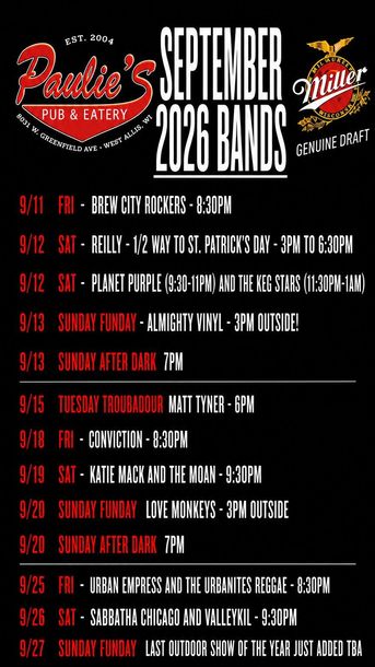 August band schedule poster with red, black, and white text listing live music dates and times.