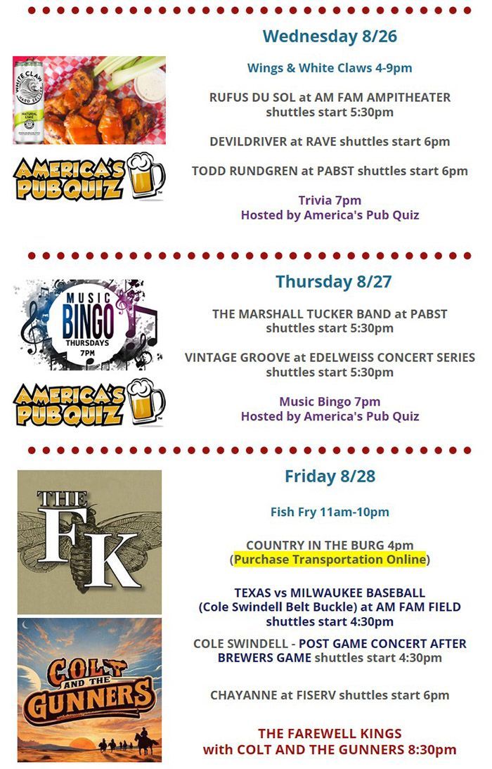 Paulie’s Pub & Eatery event schedule for August 20-22, featuring Music Bingo, Fish Fry, live bands, sports events, and other activities.