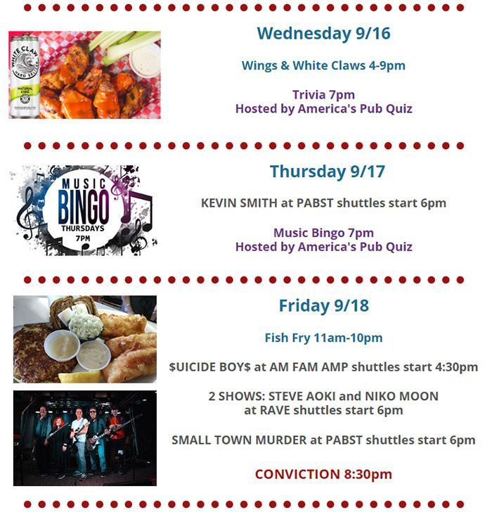 Paulie’s Pub & Eatery event schedule for August 20-22, featuring Music Bingo, Fish Fry, live bands, sports events, and other activities.