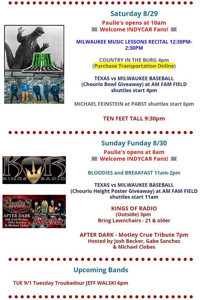 Event flyer for Sunday Funday 8/23 with basketball, radio, and shuttle schedule details