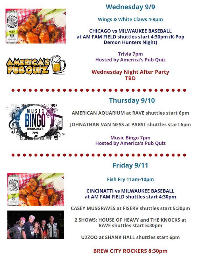 Paulie’s weekly schedule featuring Monday Bingo, Tuesday Taco Tuesday and live events, and Wednesday Wings & White Claws, baseball, and trivia.