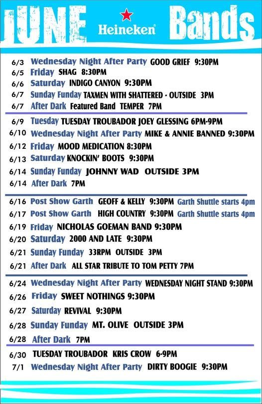 June Heineken bands schedule poster with blue header and colorful list of live music dates and venues