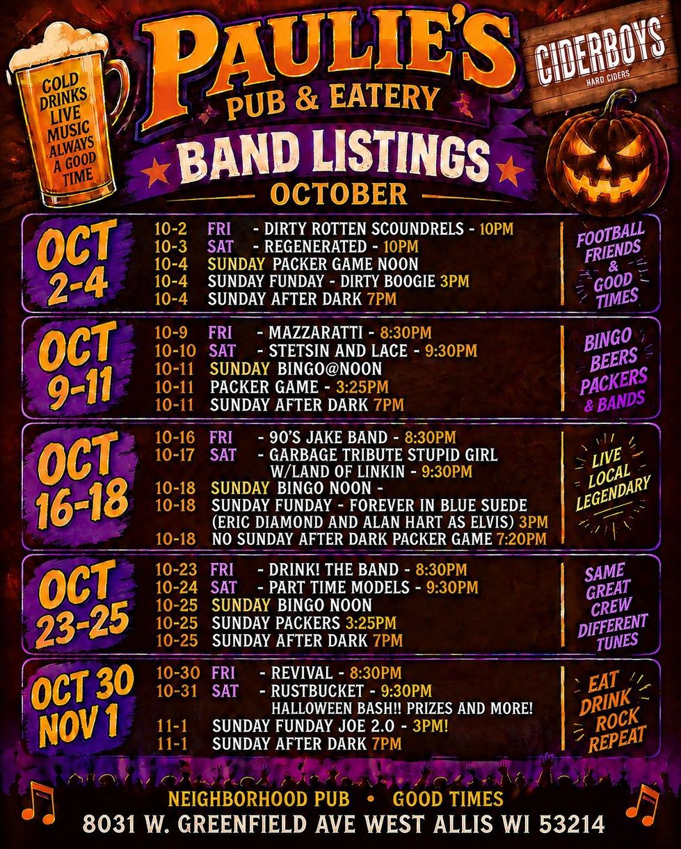Paulie's Pub & Eatery band listings poster, October dates in orange, purple, and black Halloween-themed design