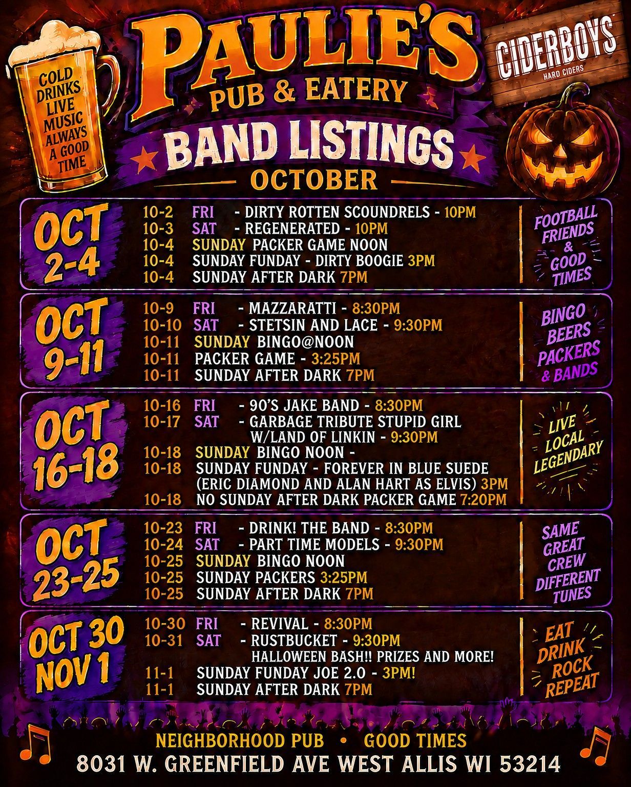 Pauli’s Pub & Eatery October band listings poster with spooky orange-and-purple Halloween theme