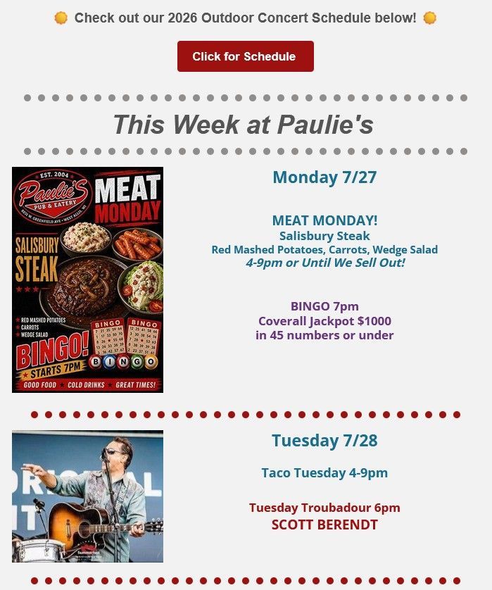 Paulie's weekly concert schedule flyer with dates, events, and performer photos in red and white.
