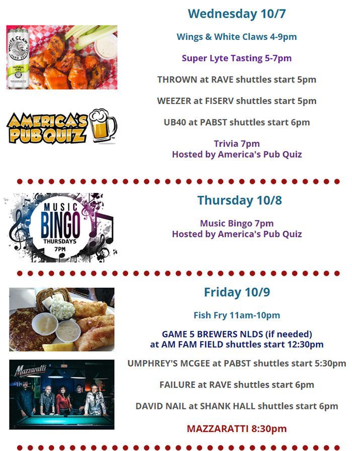 Weekly pub event schedule with wings, bingo, pool, live music, and DJ nights at America’s Pub Quiz
