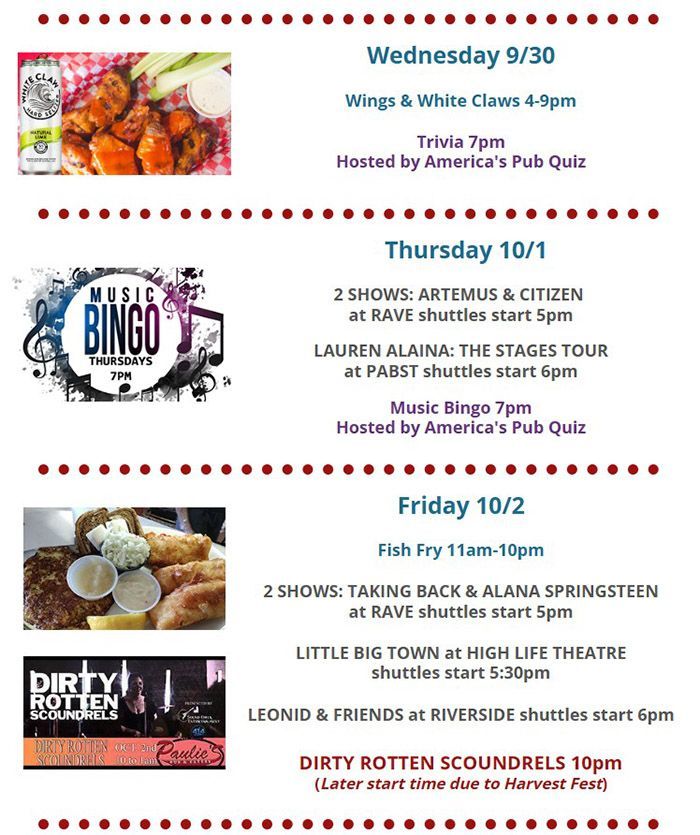 Event flyer with food photos and listings for Wednesday 9/30 through Friday 10/2 concerts and bingo shows