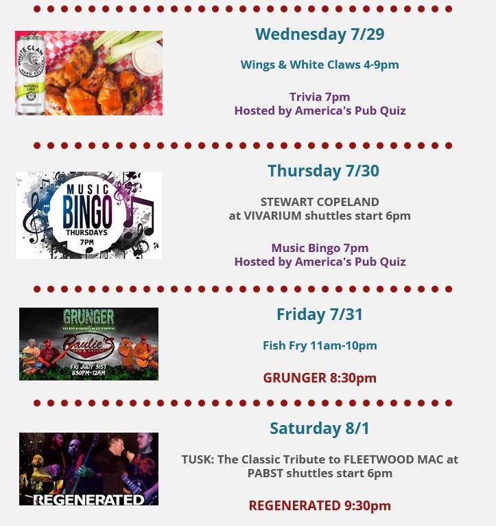 Weekly event flyer with dates, trivia, music bingo, fish fry, and live music listings from 7/29 to 8/1.
